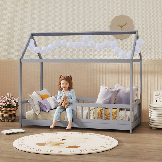 HOMCOM House-Shaped Kids Bed Frame with Guard Rails, Solid Pine Wood Single Bed Frame for Kids Boys and Girls, Grey