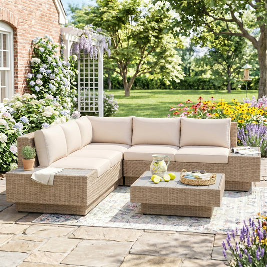 Outsunny 4 Pieces Rattan Garden Furniture Set, Garden Corner Sofa with Side Trays, Wicker Conservatory Furniture Set with Loveseats, Slatted Plastic Top Coffee Table and Cushions, Beige