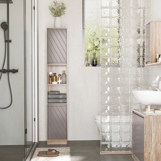 HOMCOM Narrow Bathroom Cabinet, Slim Bathroom Storage Unit with Open Compartment, Freestanding Storage Cupboard with Adjustable Shelves for Small Spaces, 30 x 24 x 170 cm, Grey and Oak