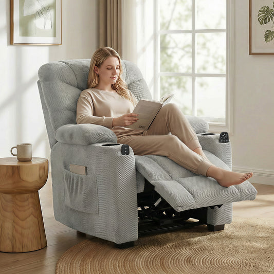 HOMCOM Electric Massage Recliner Armchair with Vibration, Heat, Whisper-Quiet Motor, Memory Function, Fleece Power Reclining Chair with Spring Pack, USB Port, Footrest, Side Pocket, Cup Holders, Grey