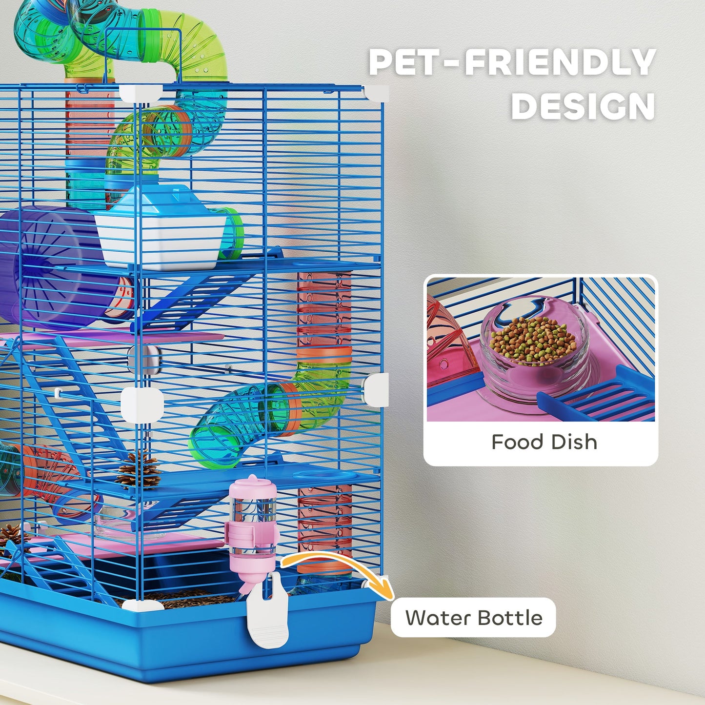 PawHut 5 Tier Hamster Cage Carrier Habitat w/ Exercise Wheels, Tunnel, Blue