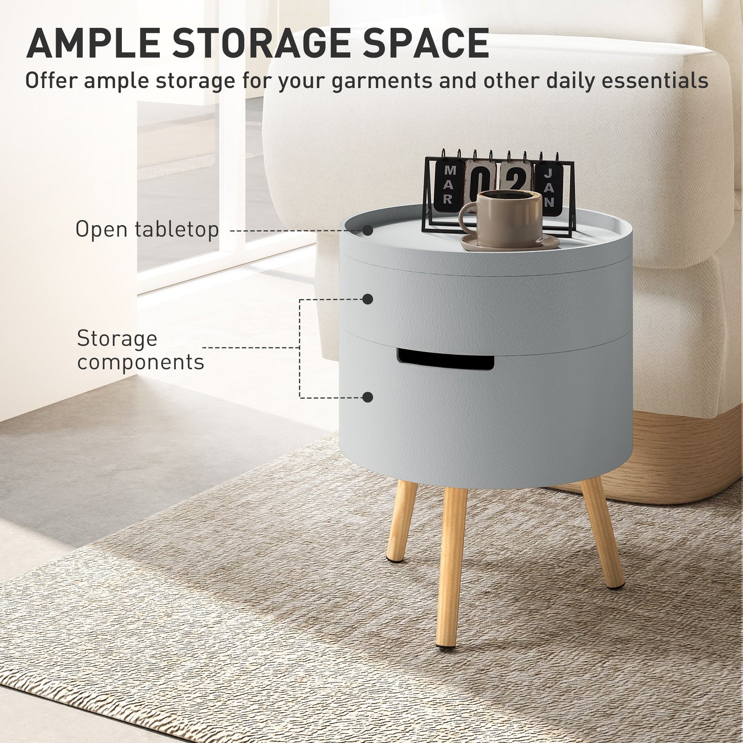 HOMCOM 3-Tier Coffee Table, Round End Table with 2 Hidden Compartments and Detachable Tray, Side Table with Storage for Living Room, Grey