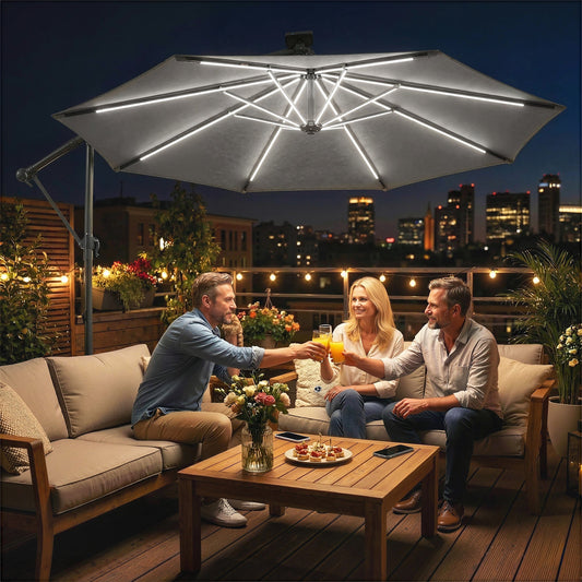 Outsunny 3 m Garden Cantilever Parasol with LED Solar Light, Round Overhanging Umbrella with 360 degrees Rotation, Cover, Grey
