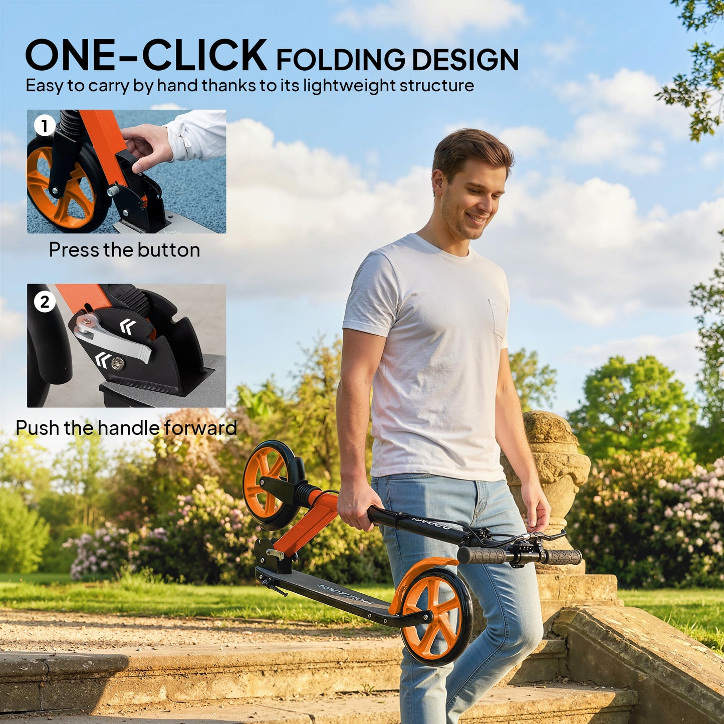 HOMCOM One-click Folding Kick Scooter for 14+ w/ Adjustable Handlebar, Push Scooter with Kickstand, Dual Brake System, Red