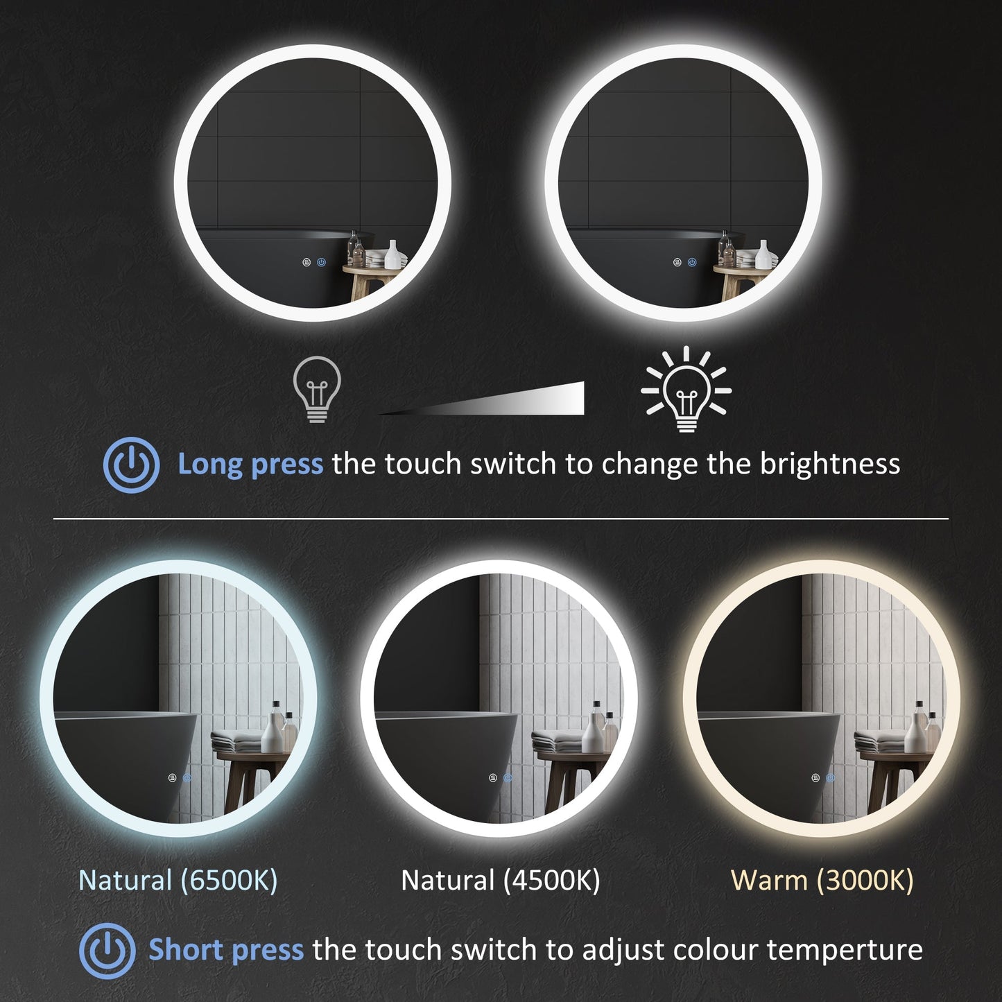kleankin Round Bathroom Mirror with LED Lights, Wall-Mounted Dimmable Makeup Mirror with 3 Temperature Colours, Defogging Film, Memory Function, Hardwired, 60 x 60Â cm