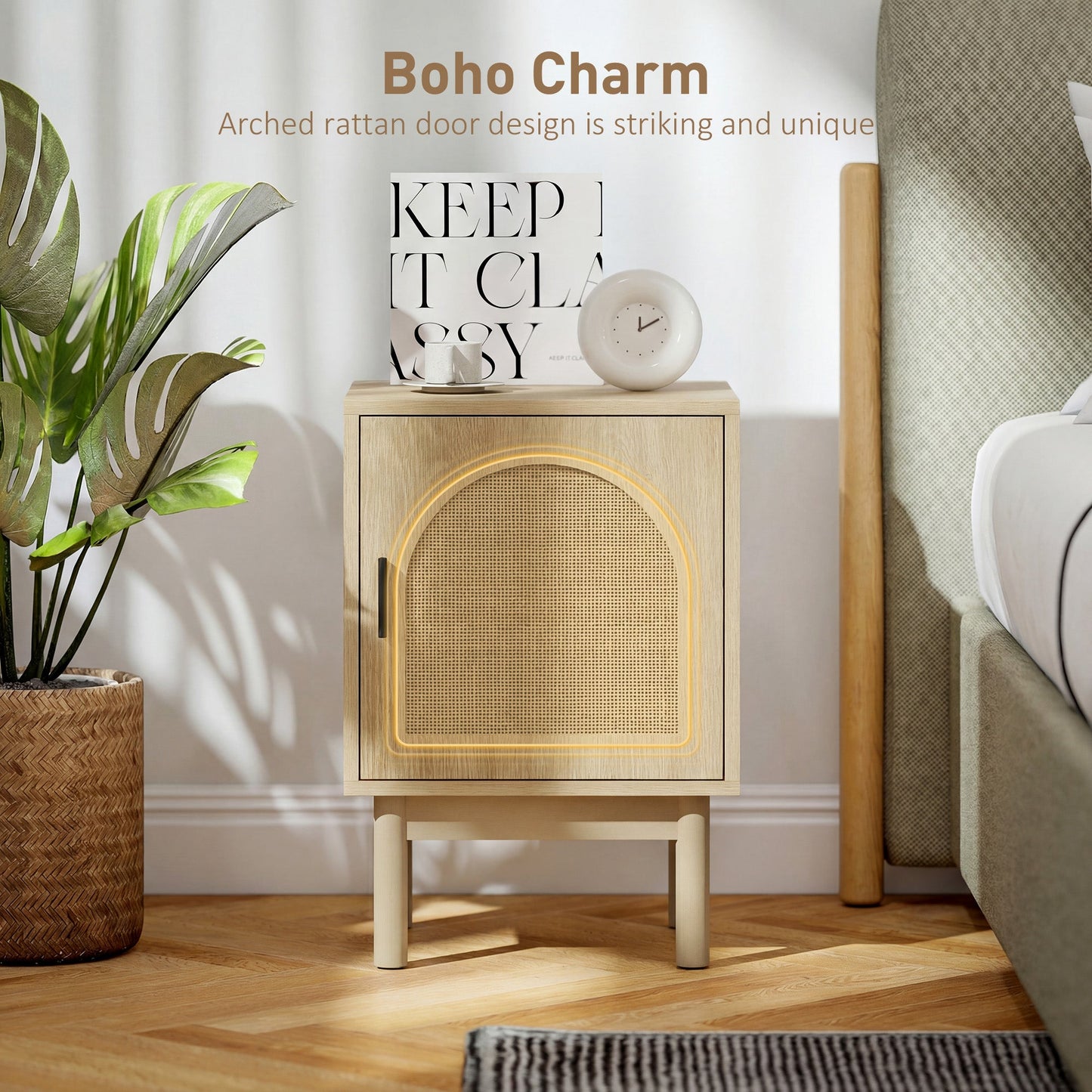 HOMCOM Rattan Bedside Table for Bedroom - Natural Wood