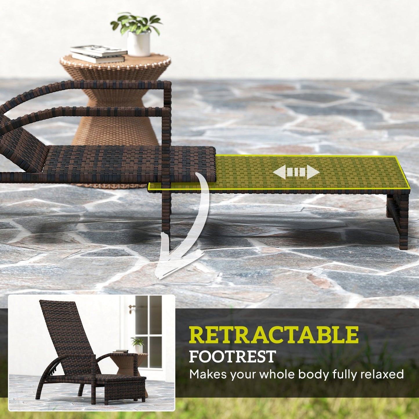 Outsunny Reclining Rattan Lounger, with Extending Footrest - Brown