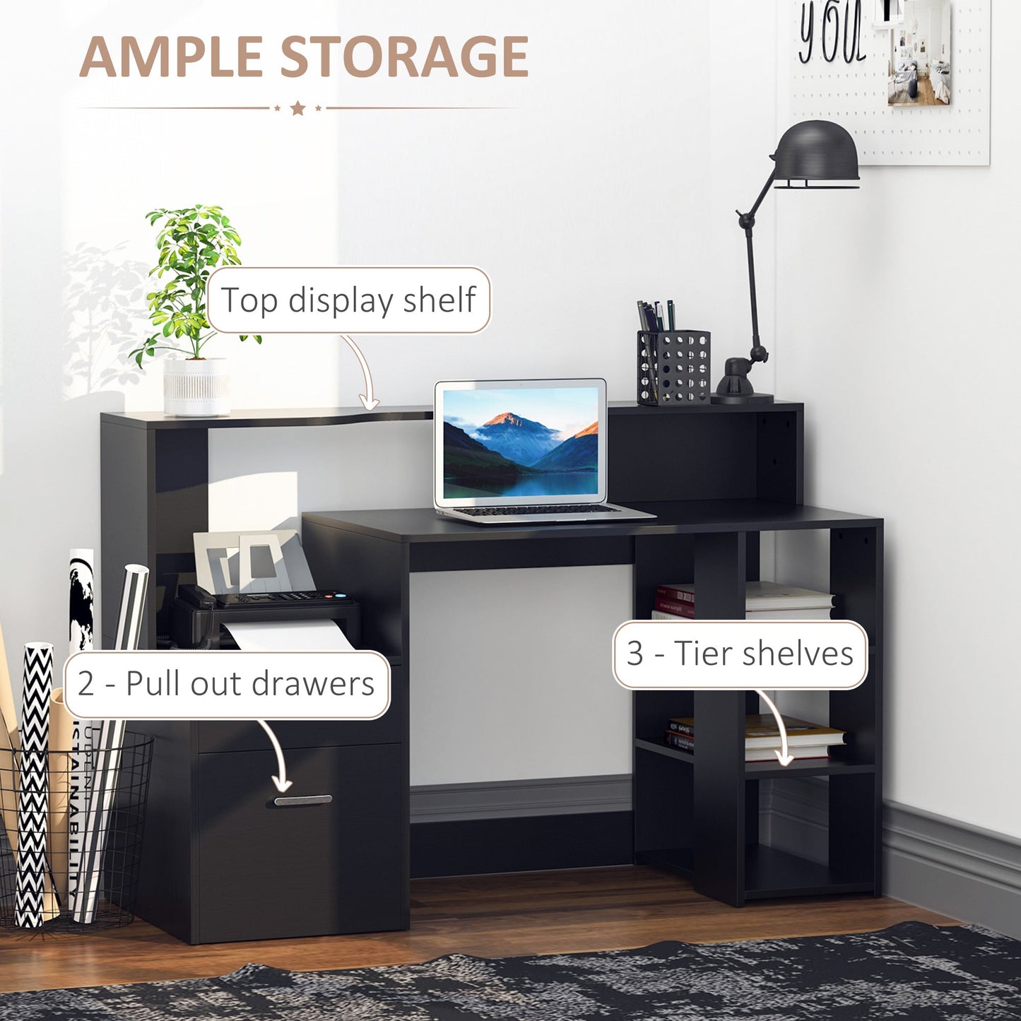 HOMCOM Computer Desk with Drawers and Storage Shelves, Office Desk Writing Table with Printer Stand, Large Workstation for Study Play Work Home Office, 137 x 55 x 92cm, Black