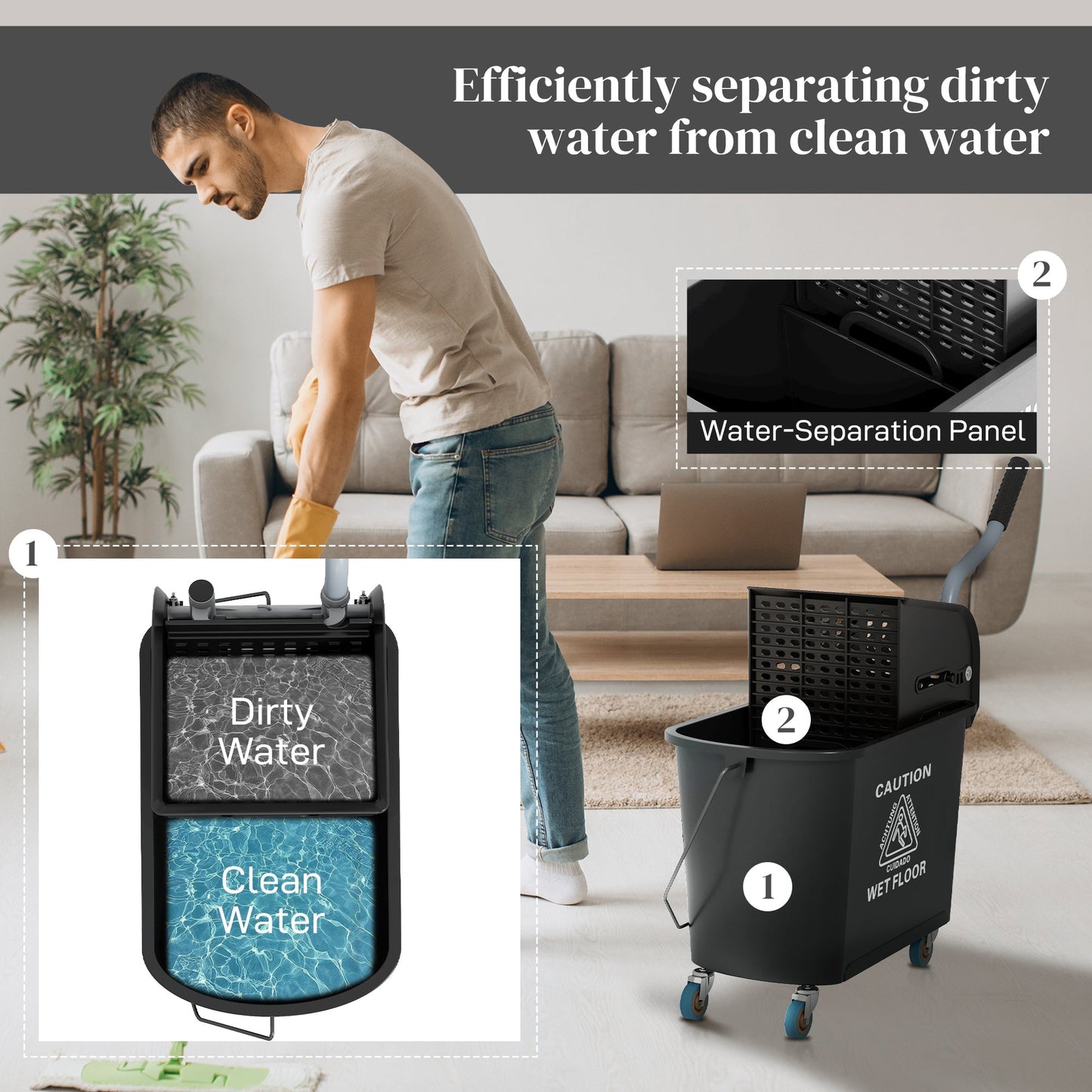 HOMCOM 20L Compact Mop Bucket on Wheels, with Water Separation Panel - Black