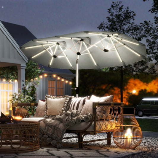 Outsunny 3 m Double-Sided Garden Parasol with LED Solar Lights, Tilt, Outdoor Extra Large Sun Umbrella with Crank Handle, Grey
