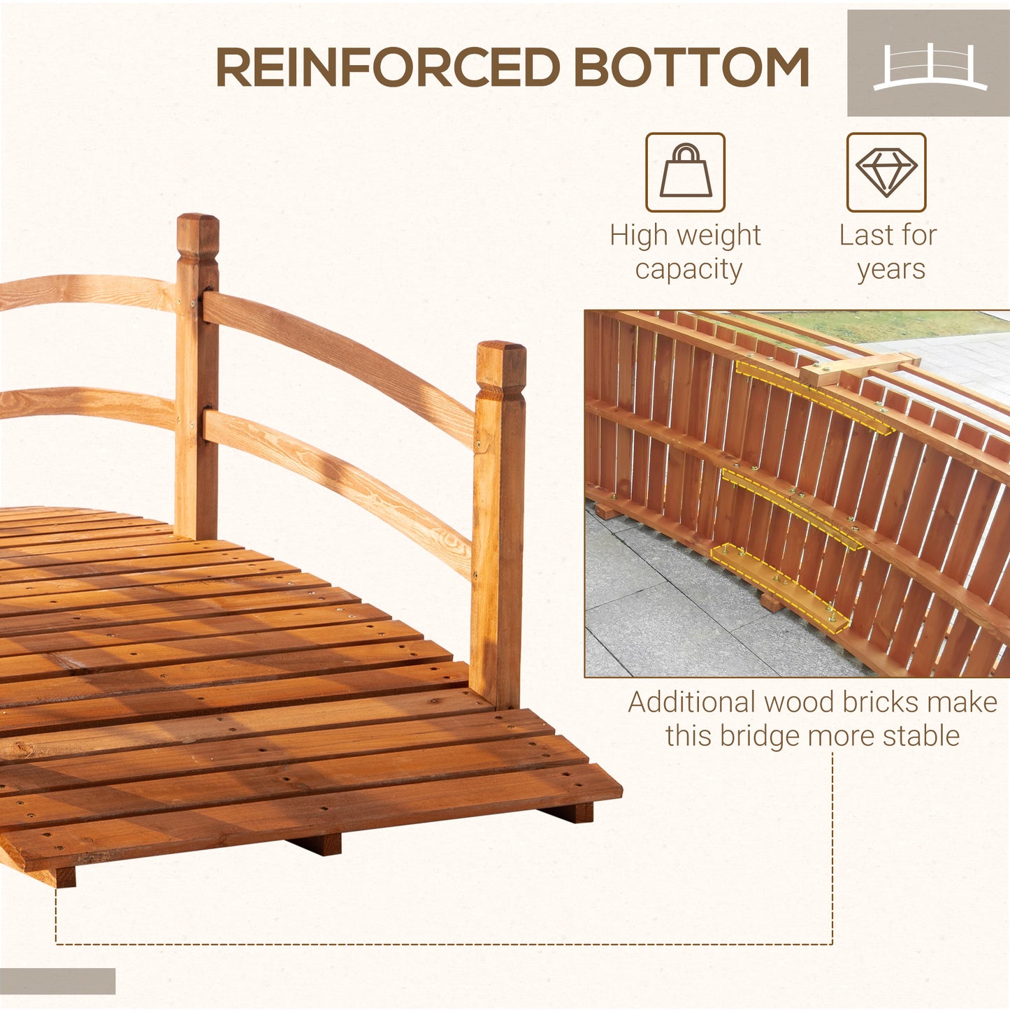 Outsunny 6FT Wooden Garden Bridge with Safety Railings, Classic Arc Footbridge for Stream Pond Walkway, Orange