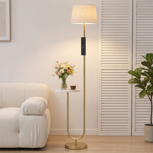 HOMCOM Modern Floor Lamp with Shelf, Dimmable Floor Lamp with Linen Shade, RF Remote and Foot Switch for Living Room, Gold Tone