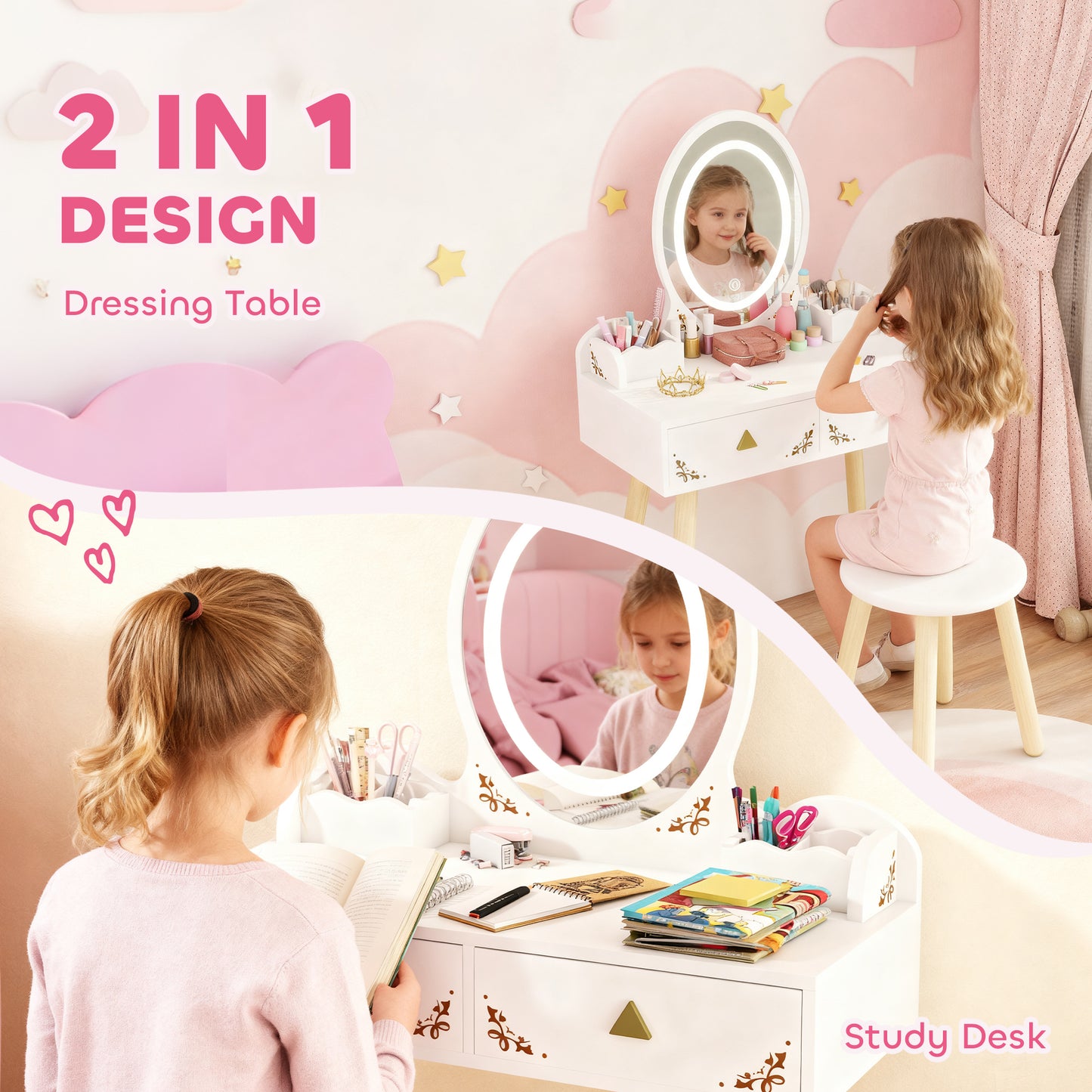 AIYAPLAY Kids Vanity Table and Chair Set with 3-Colour LED Lights Mirror, Drawer, Storage Boxes, for 3+ Years, White