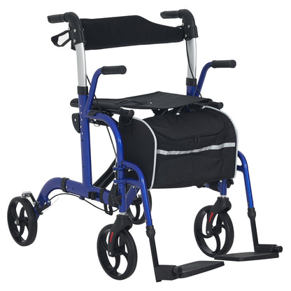 HOMCOM 2 in 1 Wheelchair Transport Chair & Folding Rollator Walker with Seat, Backrest, Footrest, Lightweight Walking Frame with Bag, Adjustable Height, 4 Wheeled Walker for Seniors, Pearl Blue