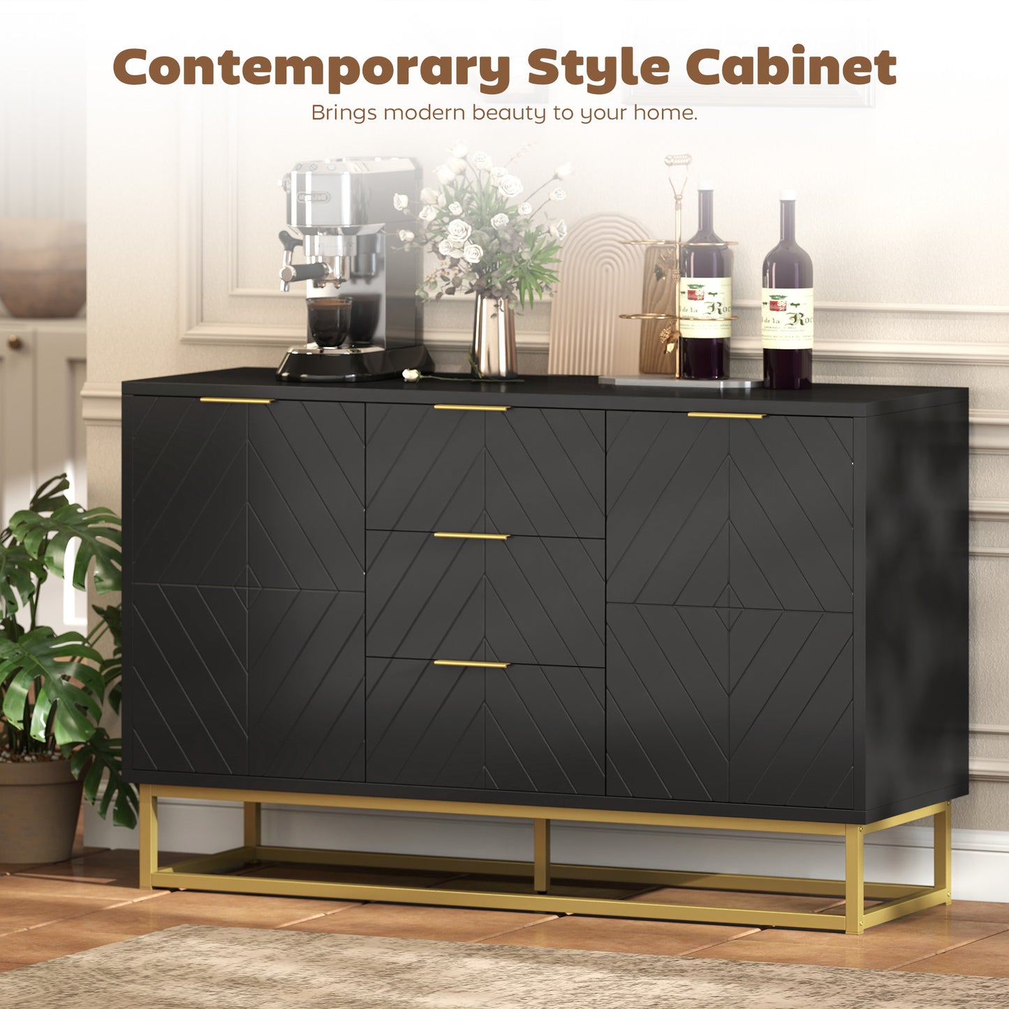 HOMCOM Sideboard with 3 Drawers and Adjustable Shelves for Living Room - Black