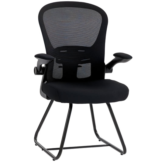 HOMCOM Reception Chair, Conference Meeting Office Chair with Flip-up Armrest, Mesh Backrest, Lumbar Support and Metal Base