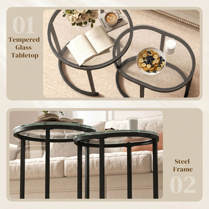 HOMCOM Nest of Tables with Steel Frame and Tempered Glass Tabletop, Modern Coffee Table Set of 2, Black