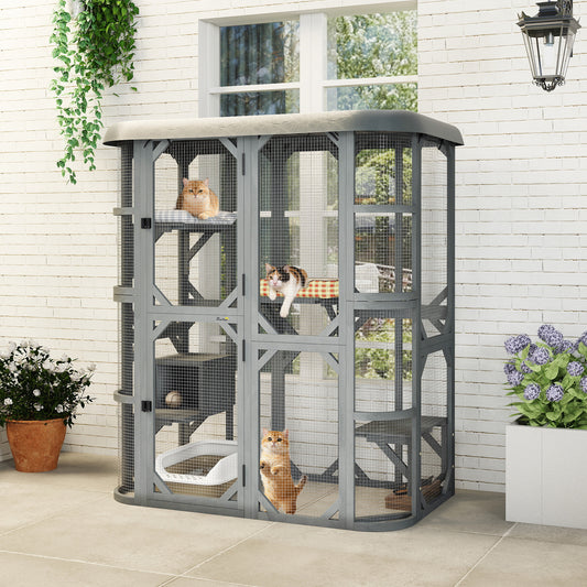 PawHut Catio Outdoor Cat Enclosure, Wooden Cat House with Platforms, Condo and Waterproof Cover for 2“3 Kittens, Grey