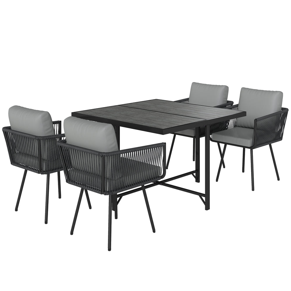 Outsunny 5 Piece Garden Furniture Set, Garden Dining Set with Wood-Plastic Table and 4 Stackable Chairs, Light Grey