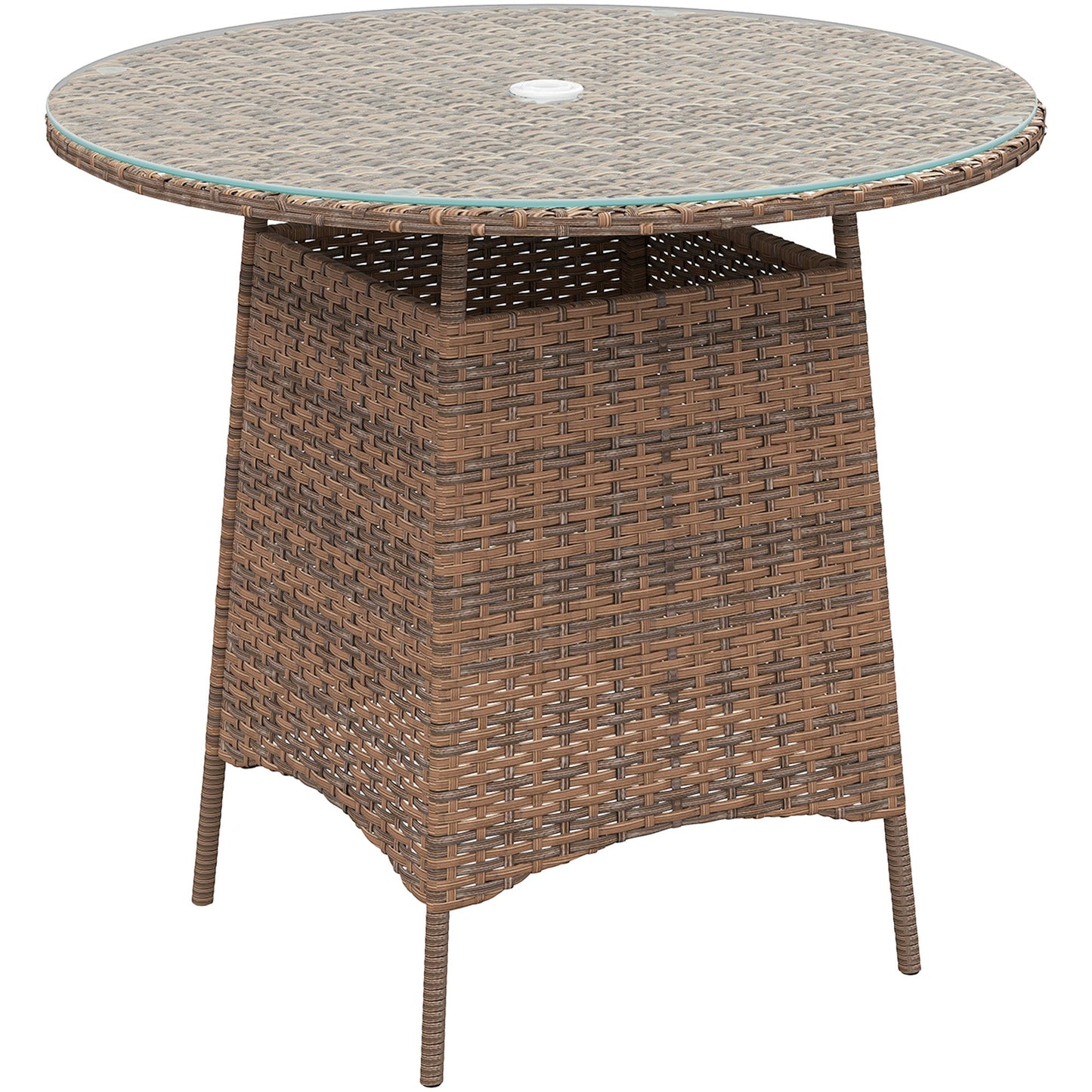 Outsunny Wicker Garden Rattan Table, Patio Furniture Outdoor Coffee Table with Umbrella Hole and Tempered Glass Top, Brown