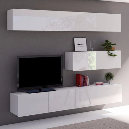 Modern living room setup with white wall-mounted cabinets, TV, and decor items.
