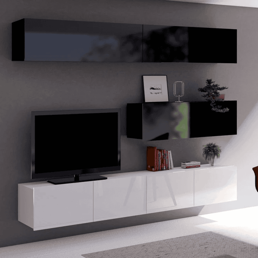 Modern living room with a TV unit, wall-mounted shelves, and a chair.