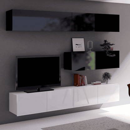 Modern living room with a TV unit, wall-mounted shelves, and a chair.
