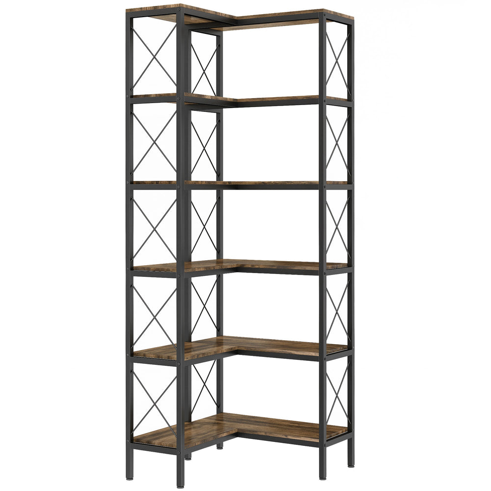 HOMCOM 5-Tier L-Shaped Bookshelf, Freestanding Corner Bookcase with Metal Frame, Rustic Brown