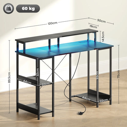 HOMCOM LED Computer Desk, with Power Outlets and Shelves - Black
