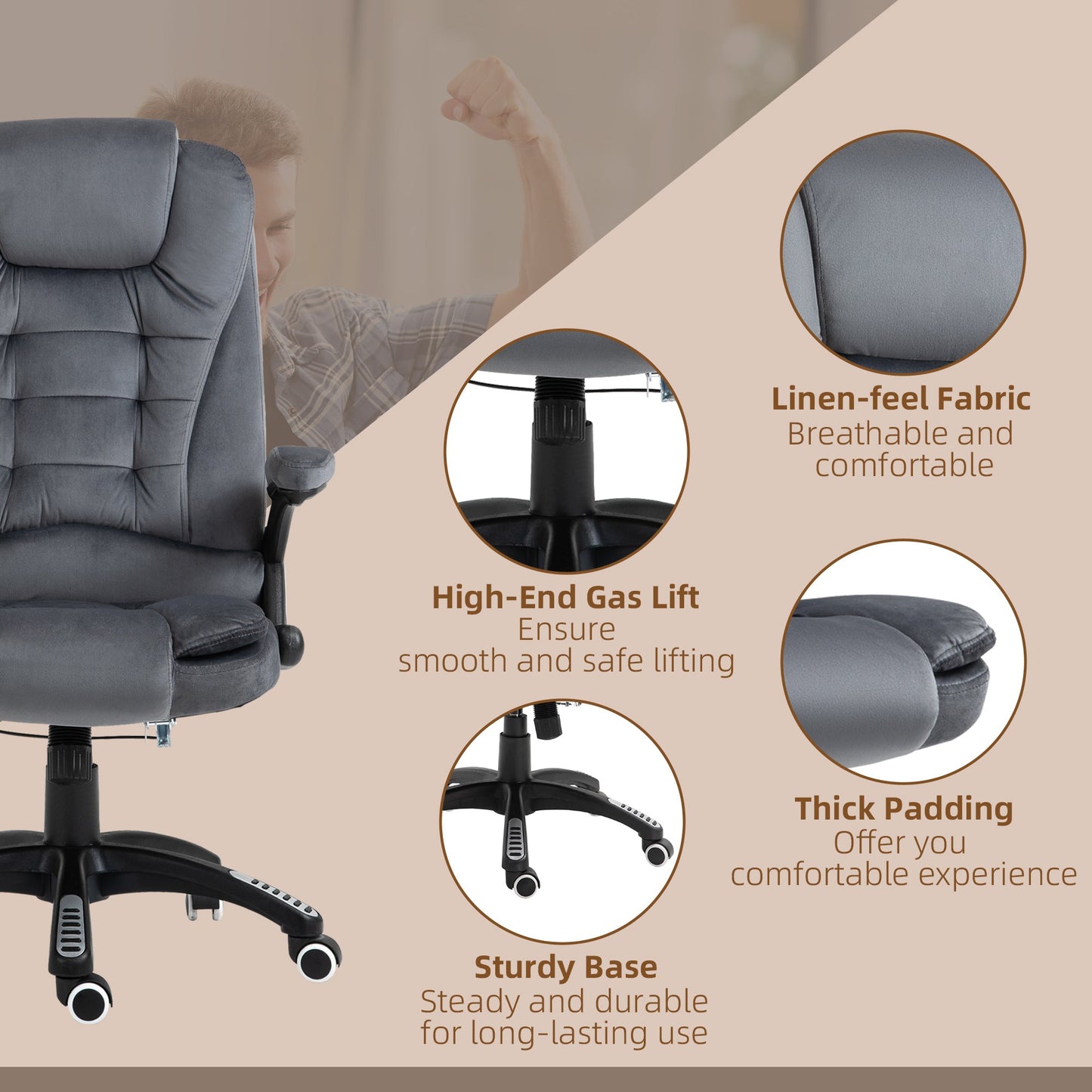 Vinsetto Massage Recliner Chair Heated Office Chair with Six Massage Points Velvet-Feel Fabric 360¡ Swivel Wheels Grey