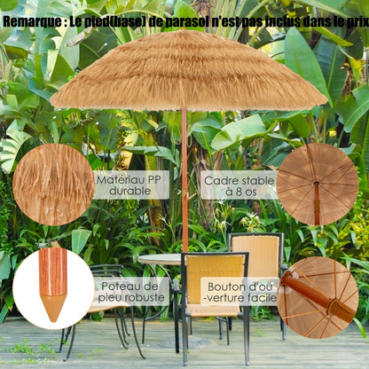 2M PP Straw Tilting Parasol with Sand Mount Hawaiian Style Thatched Roof 2 Detachable Parts for Beach Courtyard Pool