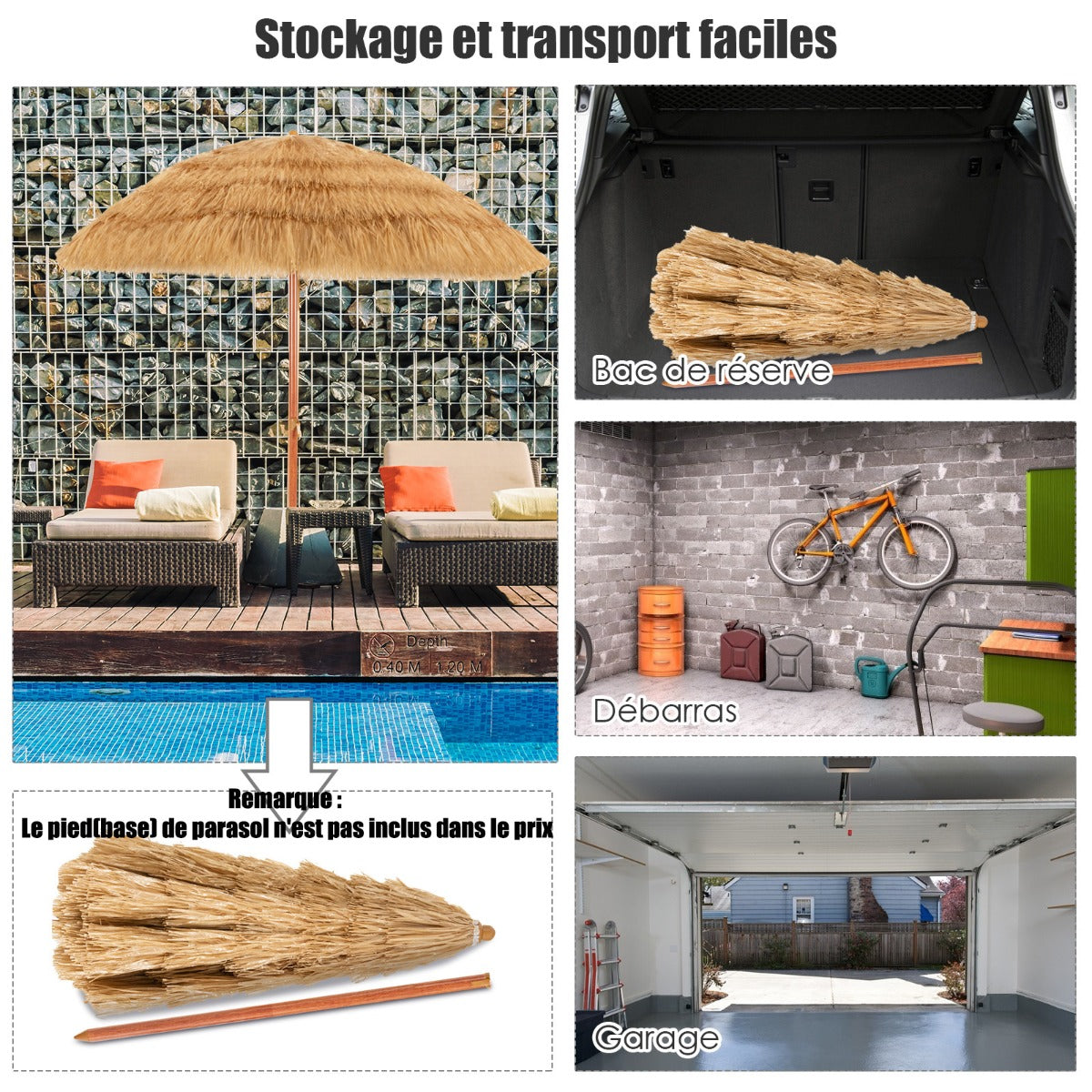 2M PP Straw Tilting Parasol with Sand Mount Hawaiian Style Thatched Roof 2 Detachable Parts for Beach Courtyard Pool