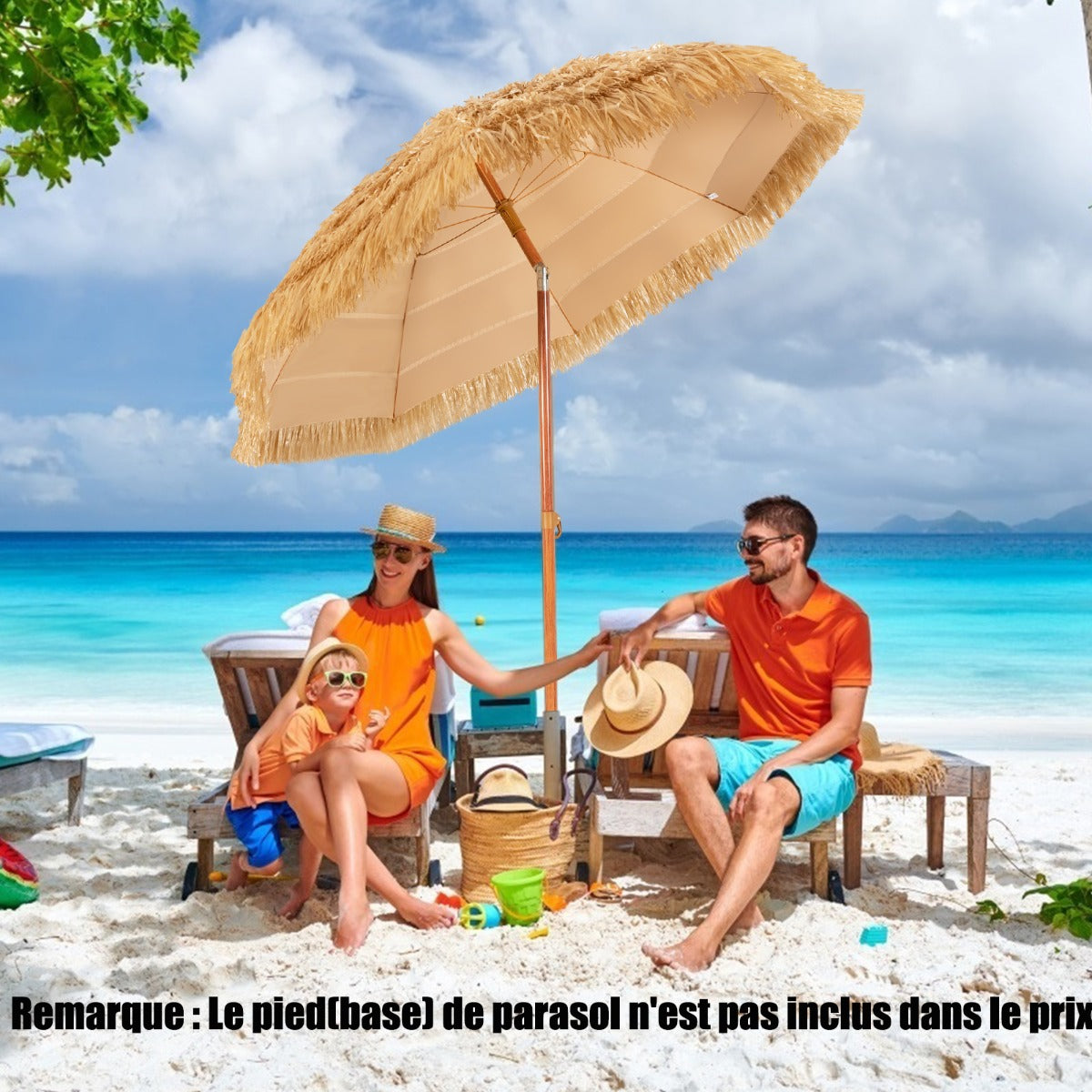 2M PP Straw Tilting Parasol with Sand Mount Hawaiian Style Thatched Roof 2 Detachable Parts for Beach Courtyard Pool