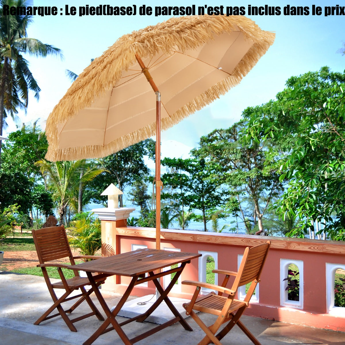 2M PP Straw Tilting Parasol with Sand Mount Hawaiian Style Thatched Roof 2 Detachable Parts for Beach Courtyard Pool