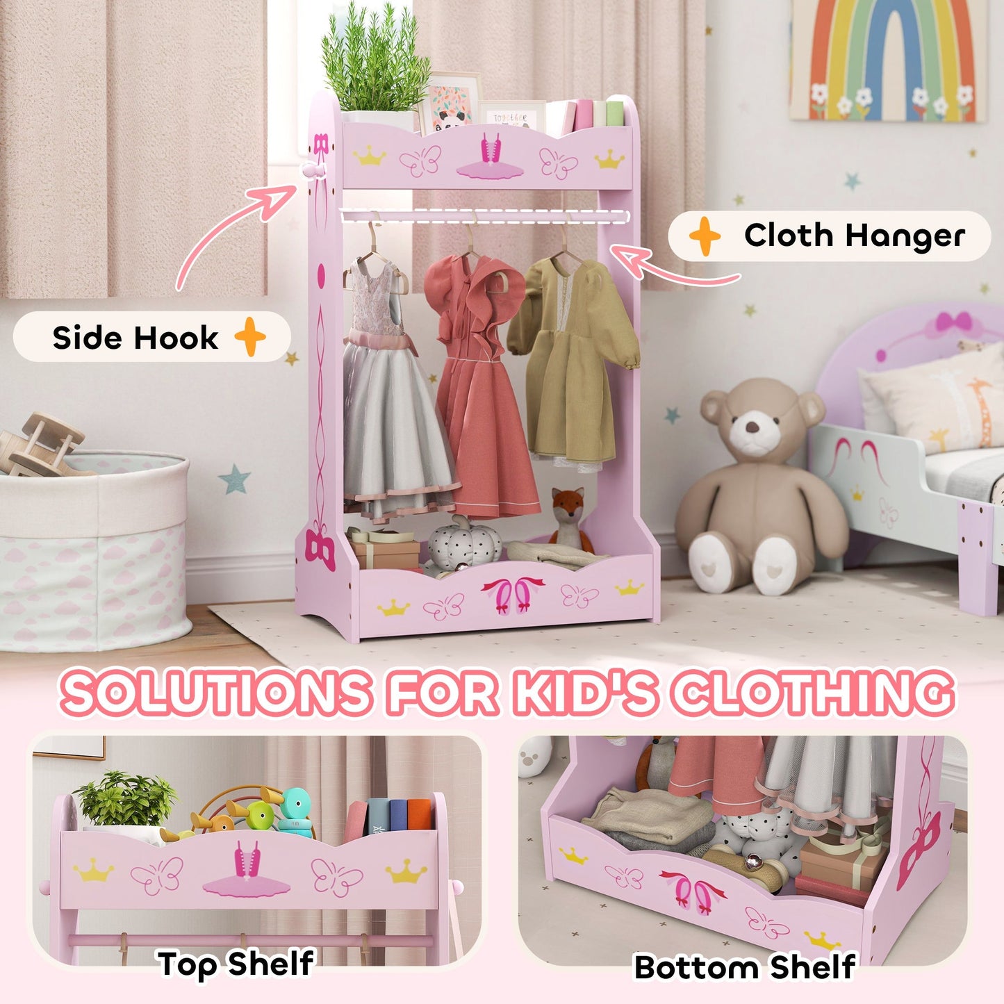 AIYAPLAY Kids Clothes Rail, Kids Dressing Mirror with 360 Rotating, 2 Piece Kids Furniture Set with Storage Shelves, Pink