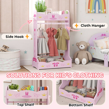 AIYAPLAY Kids Clothes Rail, Kids Dressing Mirror with 360 Rotating, 2 Piece Kids Furniture Set with Storage Shelves, Pink
