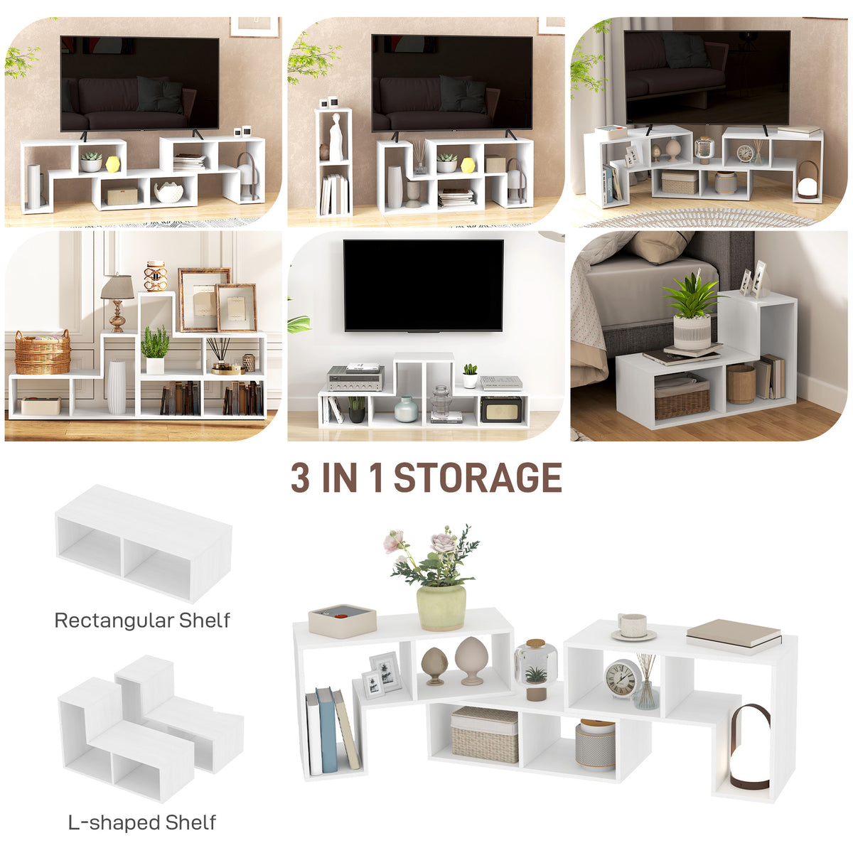 HOMCOM Three-Block Modular TV Stand - White Wood-Effect