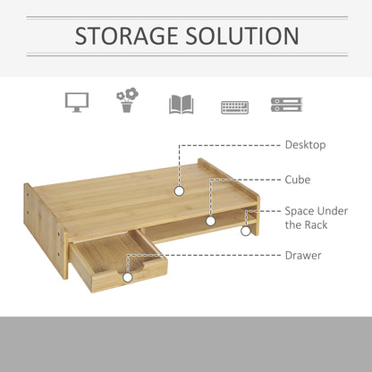 HOMCOM Monitor Riser Laptop PC Plinth Stand TV Computer Desktop Organiser W/ Drawer Bamboo