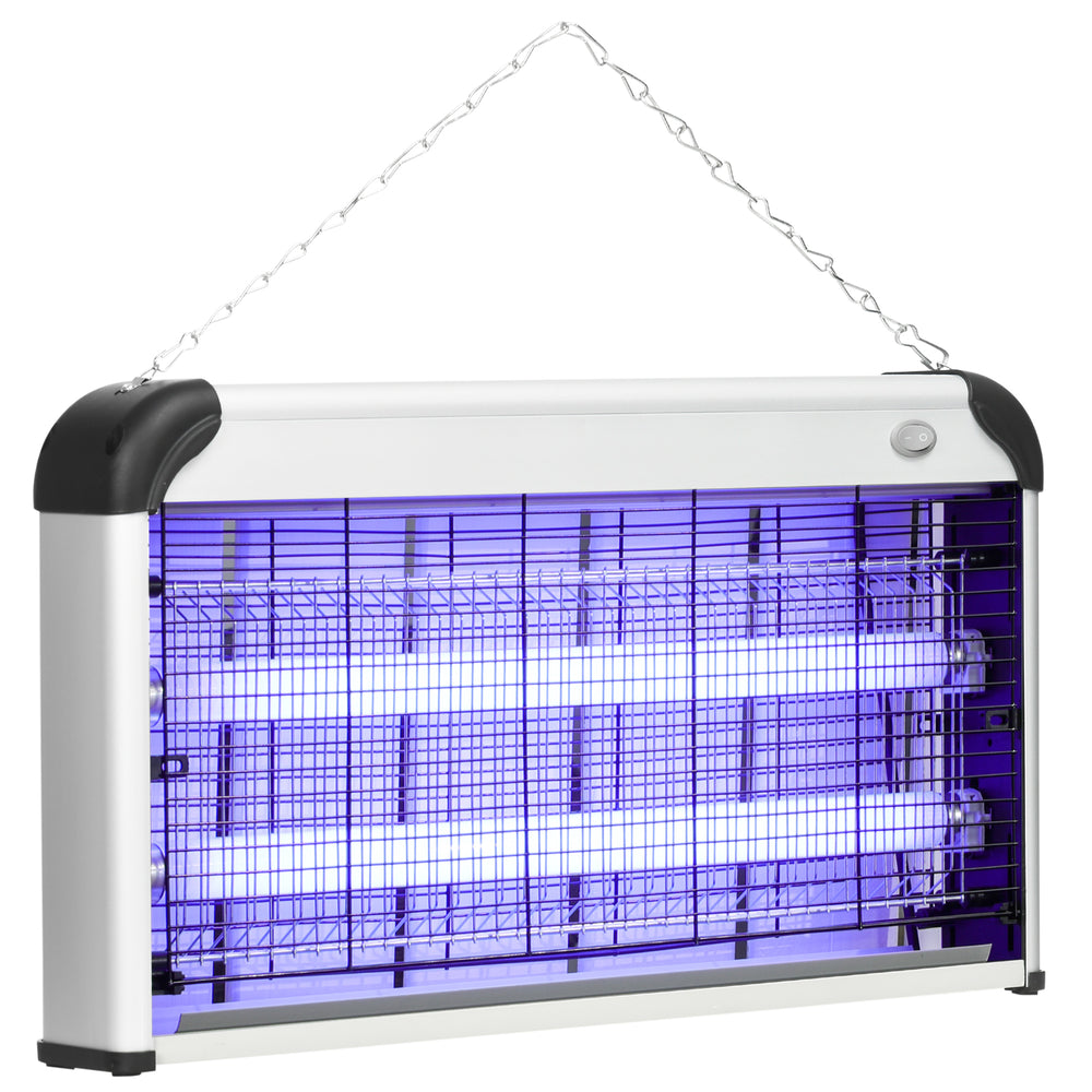 Outsunny 30W Electric Fly Zapper, Bug Zapper with UK Plug, 2 UV Bulbs, Hanging Chain, On/Off Switch and Removable Catch Tray, 60ã¡ Coverage Insect Mosquito Killer for Indoor and Outdoor Use, Silver