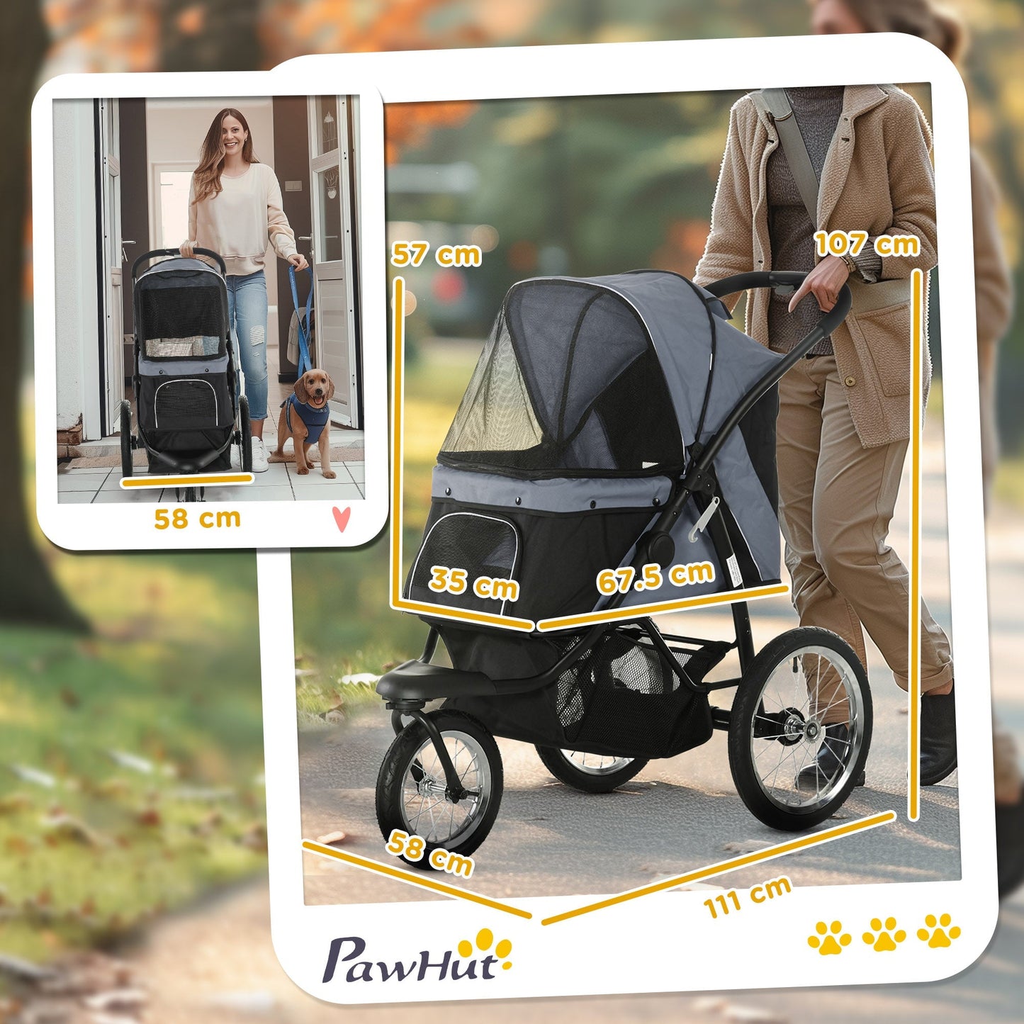 PawHut Foldable Pet stroller, Dog Buggy with Three Wheels, for Small/Medium Dogs, Grey