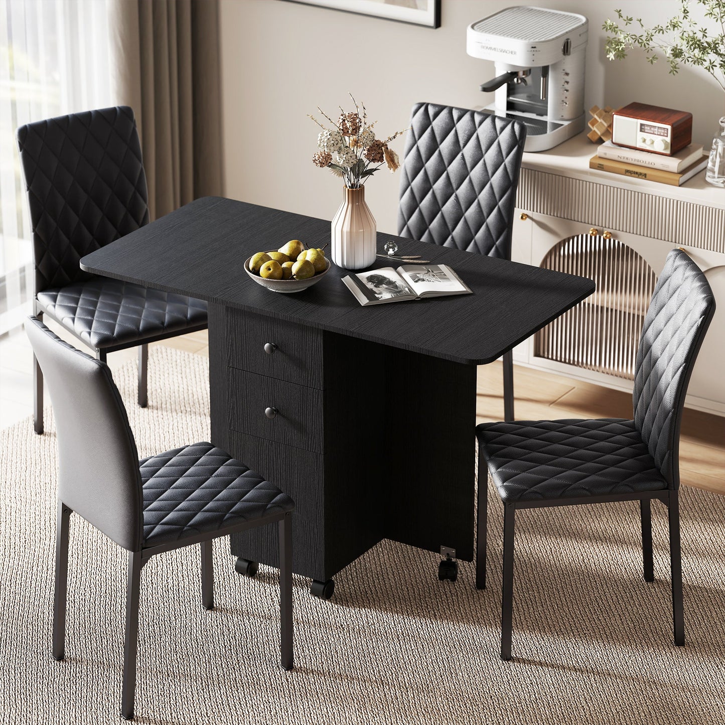 HOMCOM Dining Table Set, Folding Drop Leaf Table with Storage and 4 Chairs, Black