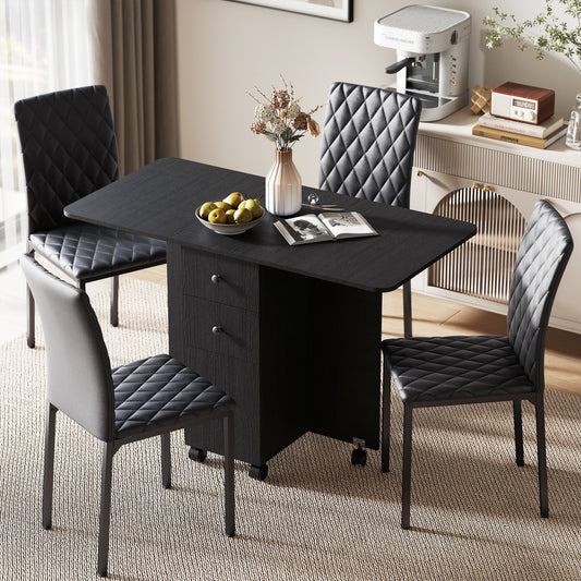 HOMCOM Dining Table Set, Folding Drop Leaf Table with Storage and 4 Chairs, Black