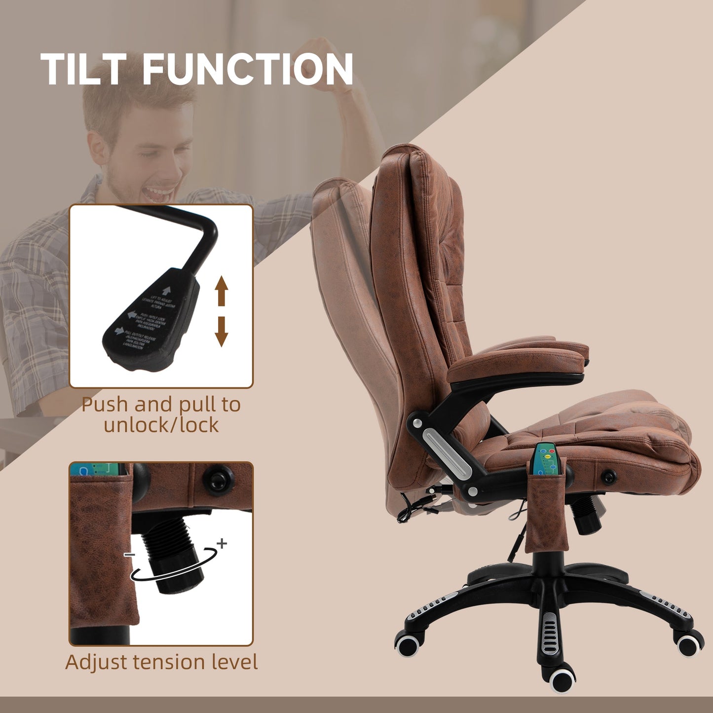 Vinsetto Massage Recliner Chair Heated Office Chair with Six Massage Points Microfiber Cloth 360¡ Swivel Wheels Brown