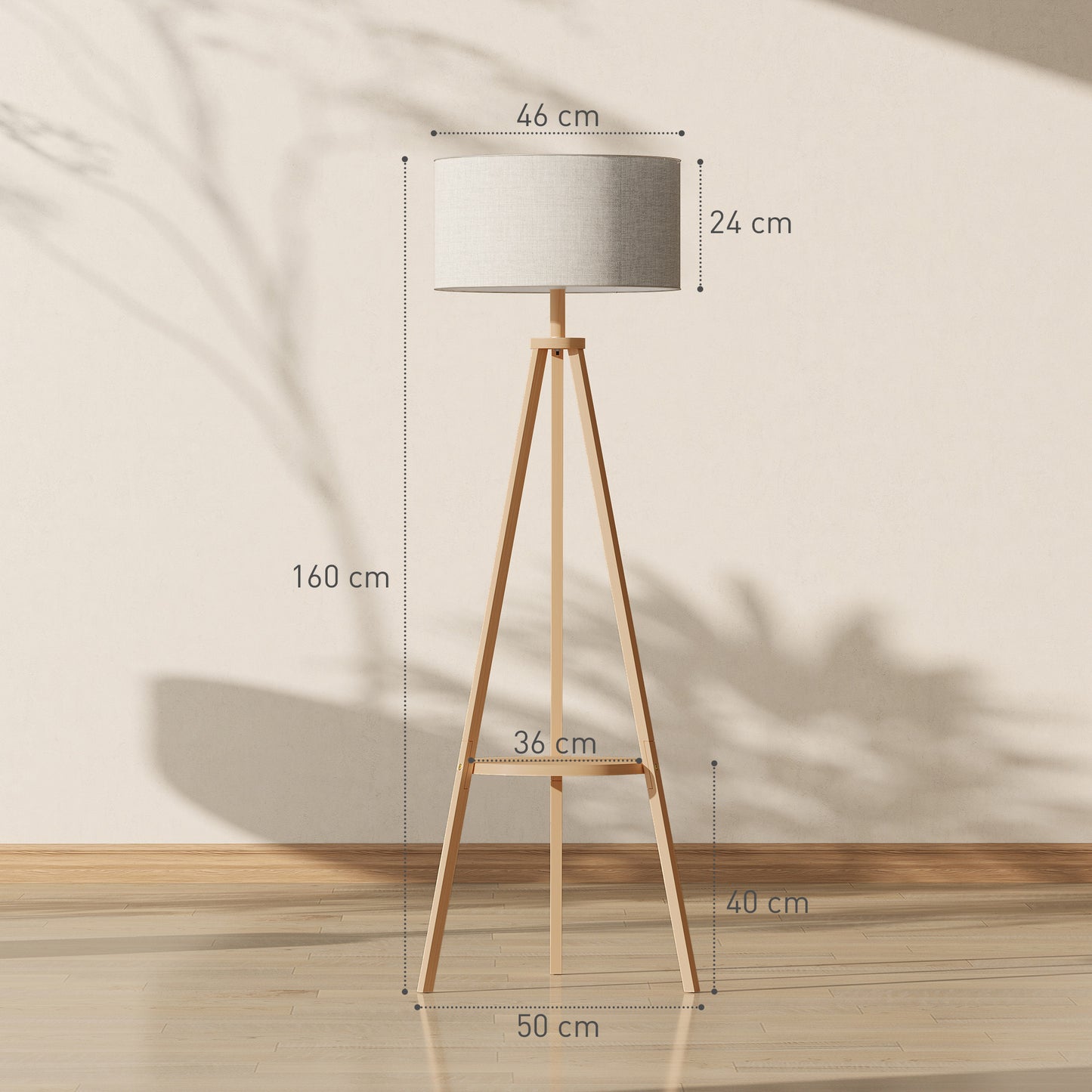 HOMCOM Bedside Light, Tripod Floor Lamp with Storage Shelf and Linen Shade for Living Room, 160cm, Natural Wood Colour