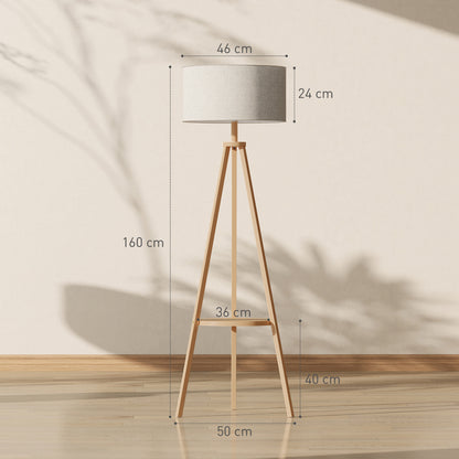 HOMCOM Bedside Light, Tripod Floor Lamp with Storage Shelf and Linen Shade for Living Room, 160cm, Natural Wood Colour