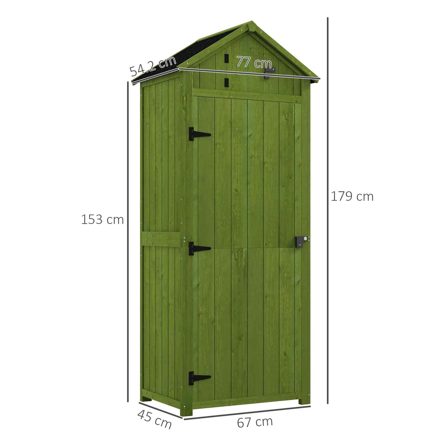 Outsunny Small Shed, Tall Slim Wooden Garden Shed with 3 Removable Shelves and Roof Hatch, Compact Outdoor Tool Storage Cabinet with Asphalt Roof and Door Latch, 77 x 54.2 x 179 cm, Green