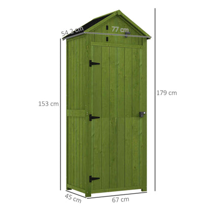 Outsunny Small Shed, Tall Slim Wooden Garden Shed with 3 Removable Shelves and Roof Hatch, Compact Outdoor Tool Storage Cabinet with Asphalt Roof and Door Latch, 77 x 54.2 x 179 cm, Green