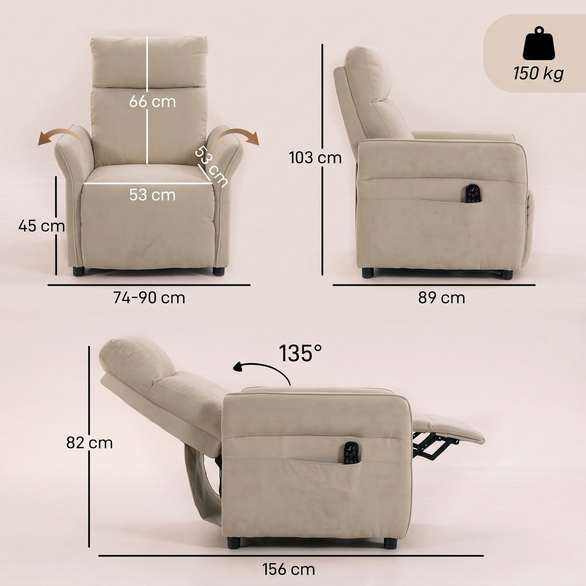 HOMCOM Recliner Armchair, Push Back Recliner Chair with Massage & Heat, Adjustable Armrests, Dual Side Pockets, Beige