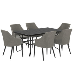 Outsunny 6 Seater Rattan Dining Set with Cushions, Garden Furniture Set with Armchairs, Rectangle Slatted Table Top, Steel Frame, Parasol Hole, Wicker Outdoor Furniture for Patio, Balcony, Grey
