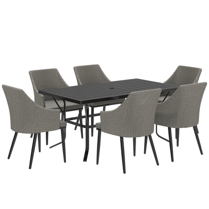 Outsunny 6 Seater Rattan Dining Set with Cushions, Garden Furniture Set with Armchairs, Rectangle Slatted Table Top, Steel Frame, Parasol Hole, Wicker Outdoor Furniture for Patio, Balcony, Grey